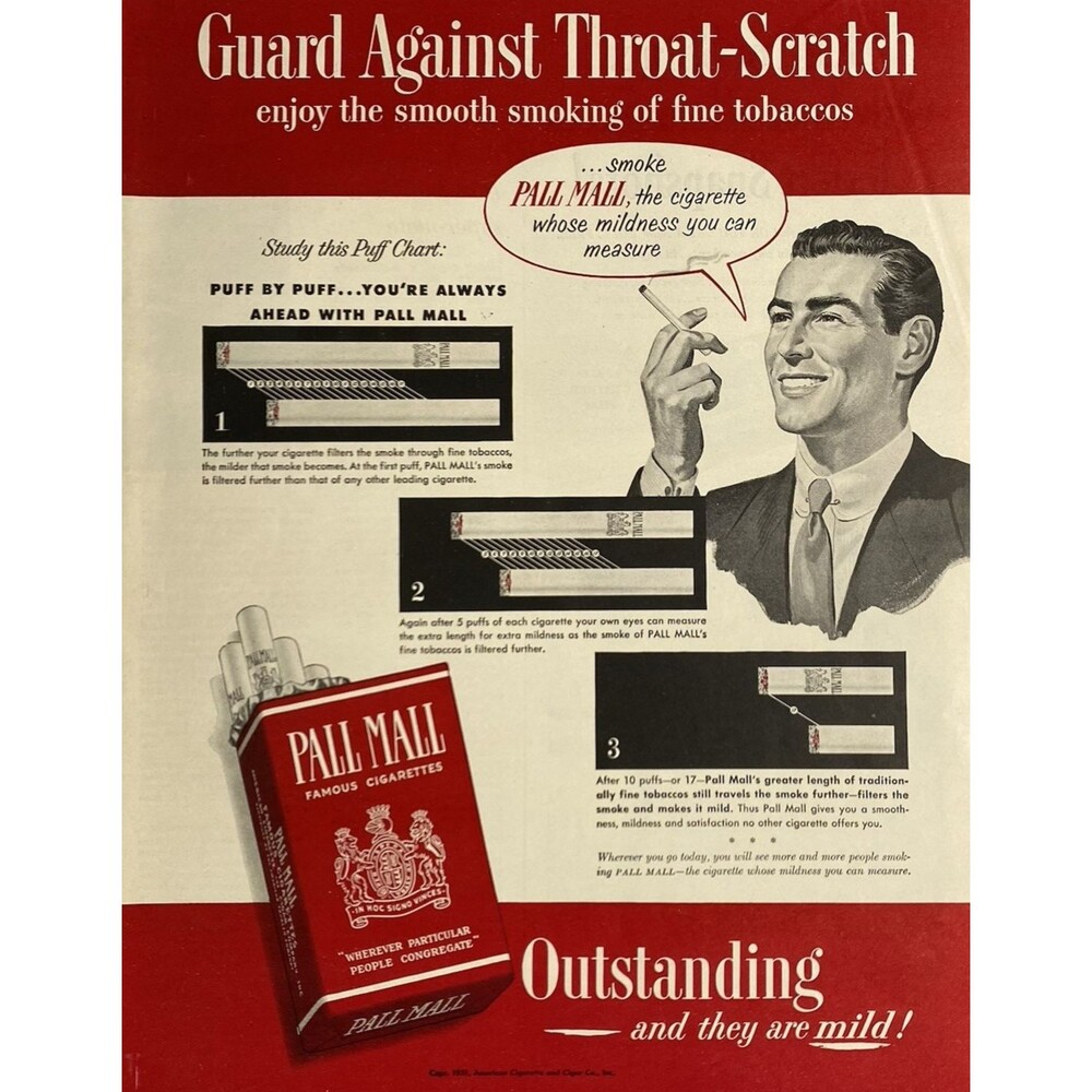 Pall Mall Famous Cigarettes "Guard against throat-Scratch" Vintage Print Ad 1951